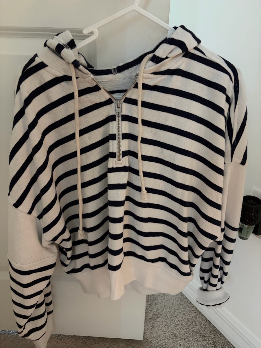 American Eagle Outfitters Cream and Black Striped Half-Zip Hoodie